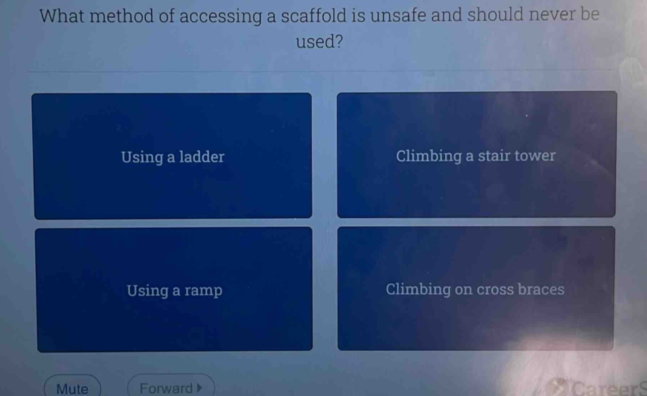 what method of accessing a scaffold is unsafe and should never be used? using a ladder climbing a stair tower using a ramp climbing on cross braces