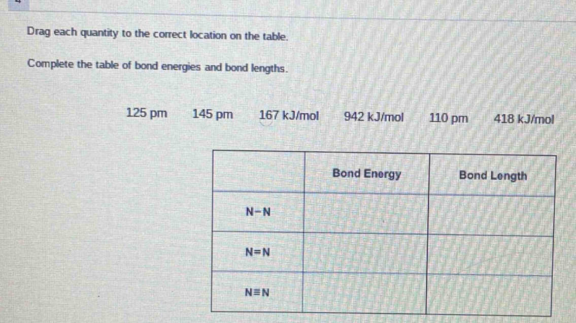 drag each quantity to the correct location on the table. complete the table of bond energies and bond lengths. 125 pm 145 pm 167 kj/mol 942 kj/mol 110 pm 418 kj/mol bond energy bond length n - n n = n n ≡ n