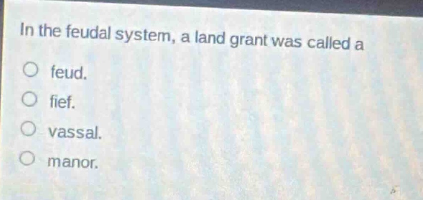in the feudal system, a land grant was called a\no feud.\no fief.\no vassal.\no manor.