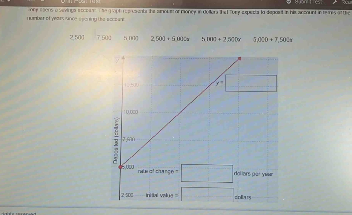 tony opens a savings account. the graph represents the amount of money in dollars that tony expects to deposit in his account in terms of the number of years since opening the account. 2,500 7,500 5,000 2,500 + 5,000x 5,000 + 2,500x 5,000 + 7,500x deposited (dollars) rate of change = dollars per year initial value = dollars