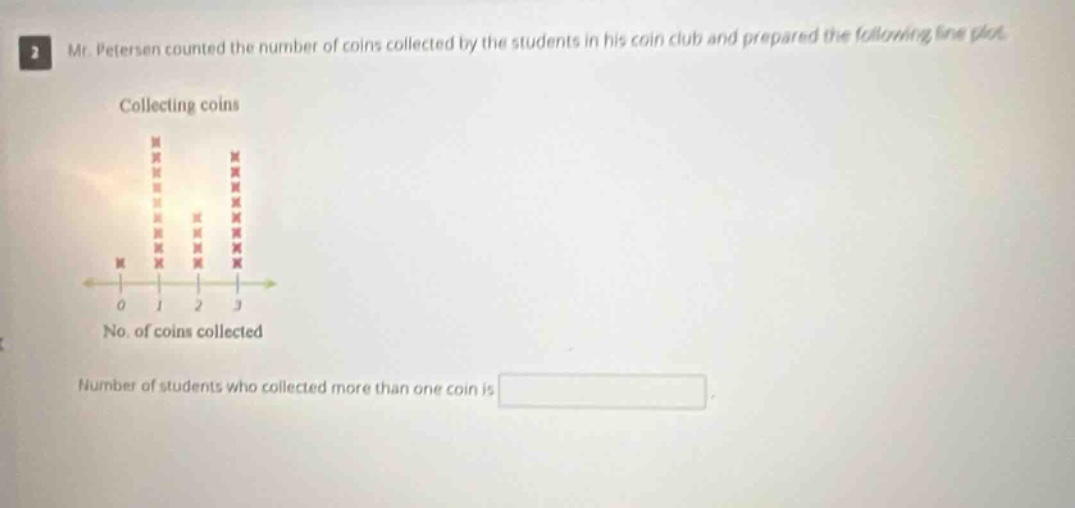 mr. petersen counted the number of coins collected by the students in his coin club and prepared the following line plot. collecting coins no. of coins collected number of students who collected more than one coin is