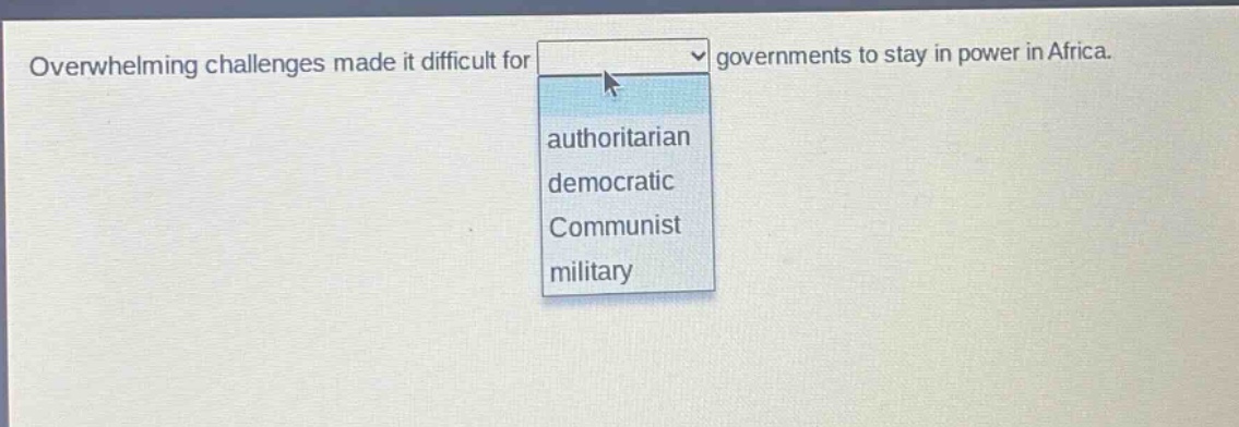 overwhelming challenges made it difficult for governments to stay in power in africa. authoritarian democratic communist military