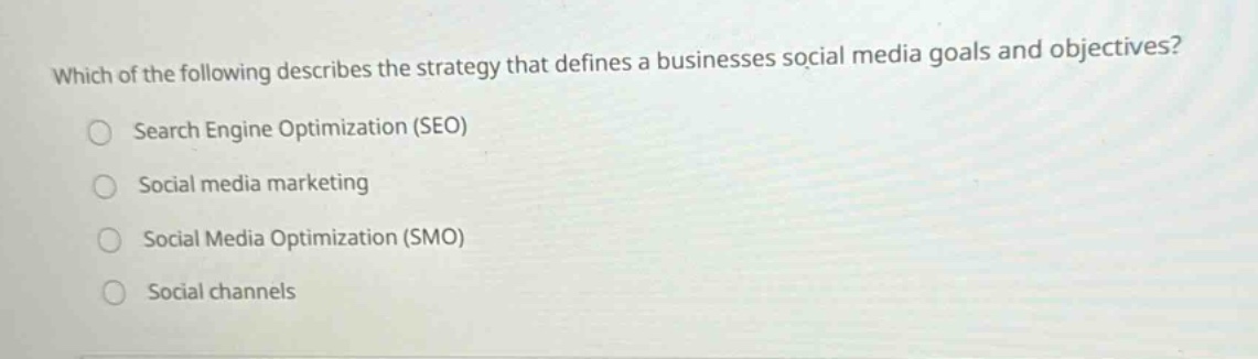 which of the following describes the strategy that defines a businesses social media goals and objectives? search engine optimization (seo) social media marketing social media optimization (smo) social channels