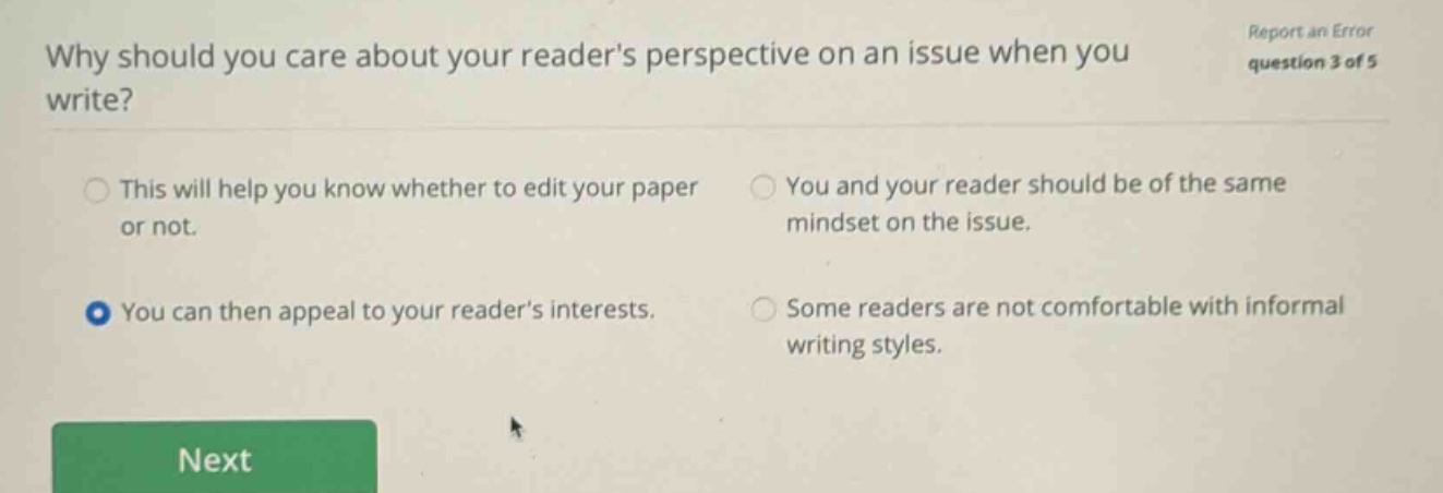 why should you care about your readers perspective on an issue when you write? this will help you know whether to edit your paper or not. you can then appeal to your readers interests. you and your reader should be of the same mindset on the issue. some readers are not comfortable with informal writing styles.