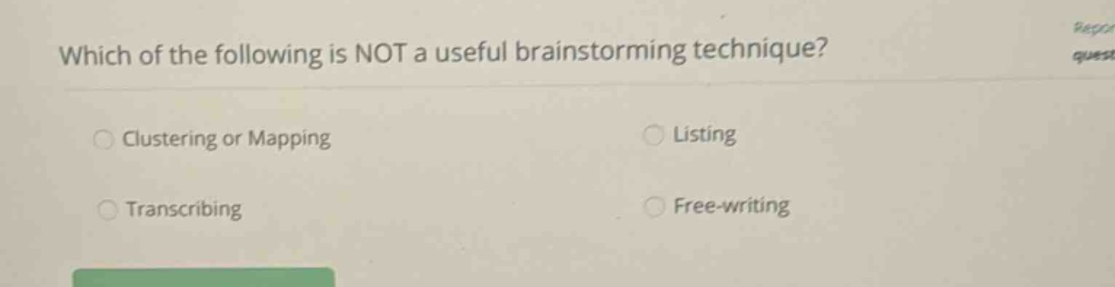which of the following is not a useful brainstorming technique? clustering or mapping listing transcribing free - writing
