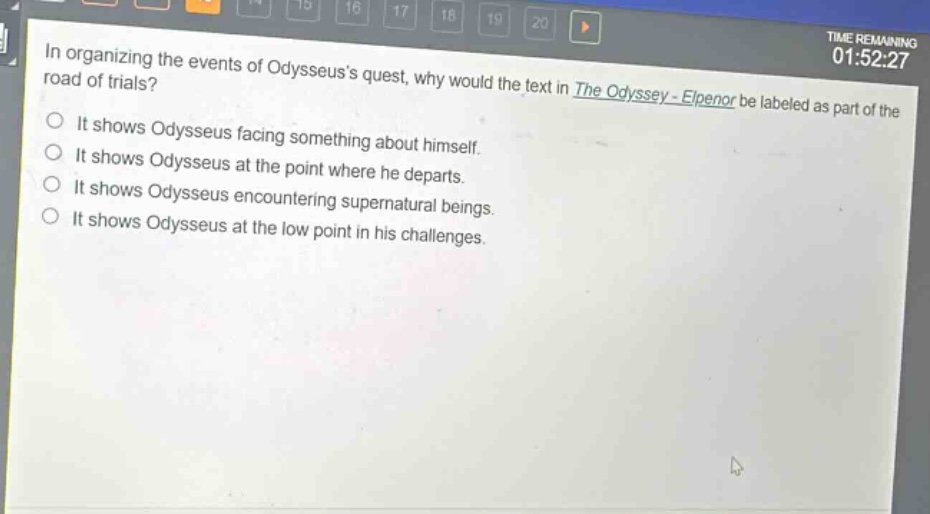 in organizing the events of odysseuss quest, why would the text in the odyssey - elpenor be labeled as part of the road of trials? it shows odysseus facing something about himself. it shows odysseus at the point where he departs. it shows odysseus encountering supernatural beings. it shows odysseus at the low point in his challenges.