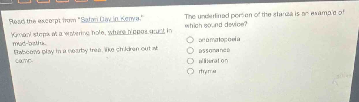 read the excerpt from \safari day in kenya.\ kimani stops at a watering hole, where hippos grunt in mud - baths, baboons play in a nearby tree, like children out at camp. the underlined portion of the stanza is an example of which sound device? onomatopoeia assonance alliteration rhyme