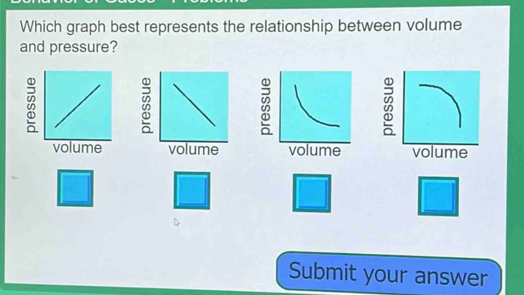 which graph best represents the relationship between volume and pressure? pressure volume pressure volume pressure volume pressure volume submit your answer
