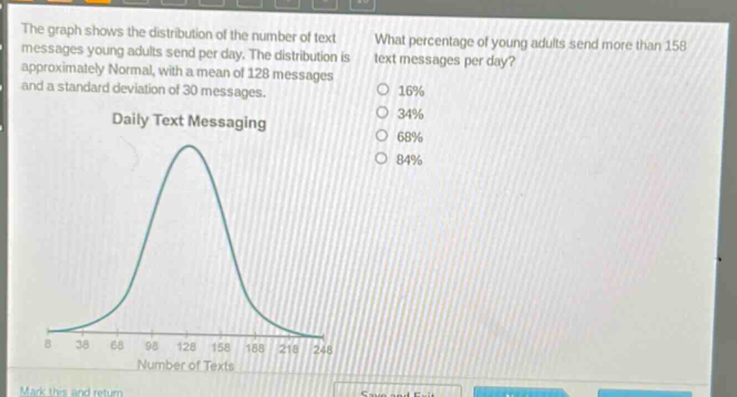 the graph shows the distribution of the number of text messages young adults send per day. the distribution is approximately normal, with a mean of 128 messages and a standard deviation of 30 messages. what percentage of young adults send more than 158 text messages per day? 16% 34% 68% 84% daily text messaging 8 38 68 98 128 158 188 218 248 number of texts