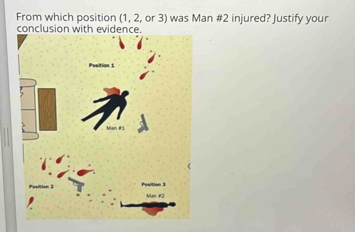 from which position (1, 2, or 3) was man #2 injured? justify your conclusion with evidence.