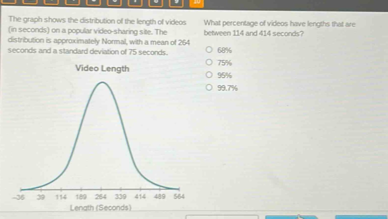 the graph shows the distribution of the length of videos (in seconds) on a popular video - sharing site. the distribution is approximately normal, with a mean of 264 seconds and a standard deviation of 75 seconds. what percentage of videos have lengths that are between 114 and 414 seconds? 68% 75% 95% 99.7% video length -36 39 114 189 264 339 414 489 564 length (seconds)
