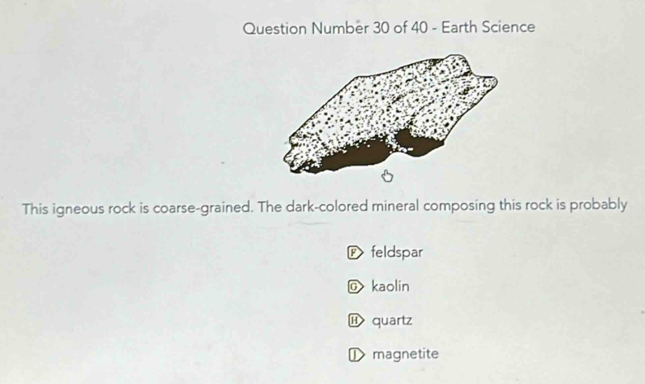 question number 30 of 40 - earth science this igneous rock is coarse - grained. the dark - colored mineral composing this rock is probably feldspar kaolin quartz magnetite