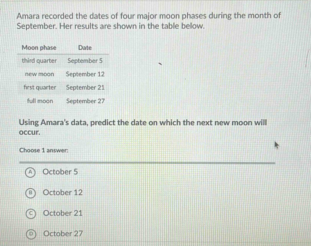 amara recorded the dates of four major moon phases during the month of september. her results are shown in the table below. moon phase date third quarter september 5 new moon september 12 first quarter september 21 full moon september 27 using amaras data, predict the date on which the next new moon will occur. choose 1 answer: a october 5 b october 12 c october 21 d october 27
