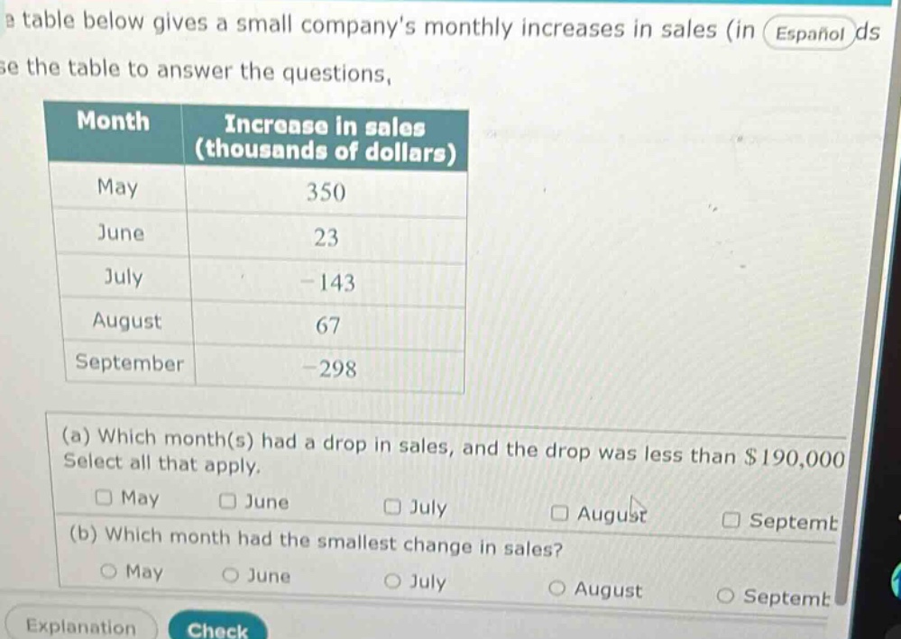a table below gives a small companys monthly increases in sales (in español ds) use the table to answer the questions, month increase in sales (thousands of dollars) may 350 june 23 july -143 august 67 september -298 (a) which month(s) had a drop in sales, and the drop was less than $190,000 select all that apply. may june july august (b) which month had the smallest change in sales? may june july august