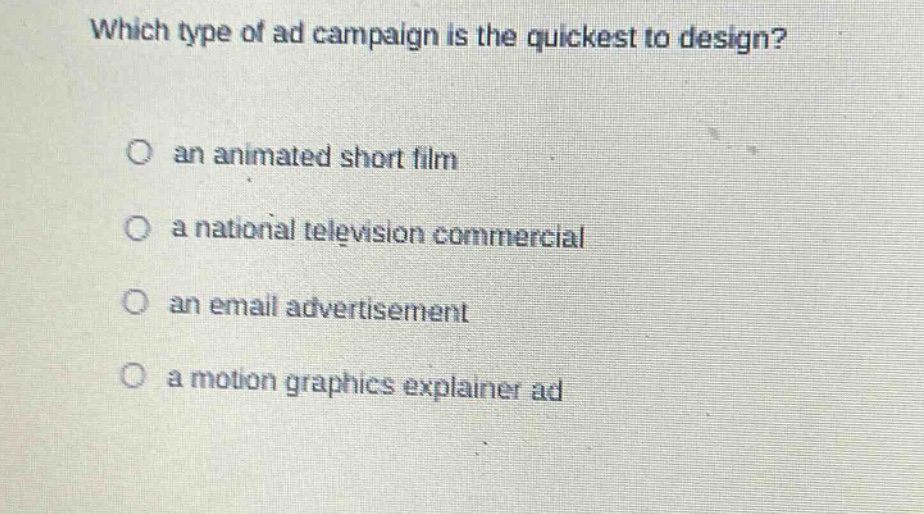 which type of ad campaign is the quickest to design?\no an animated short film\no a national television commercial\no an email advertisement\no a motion graphics explainer ad
