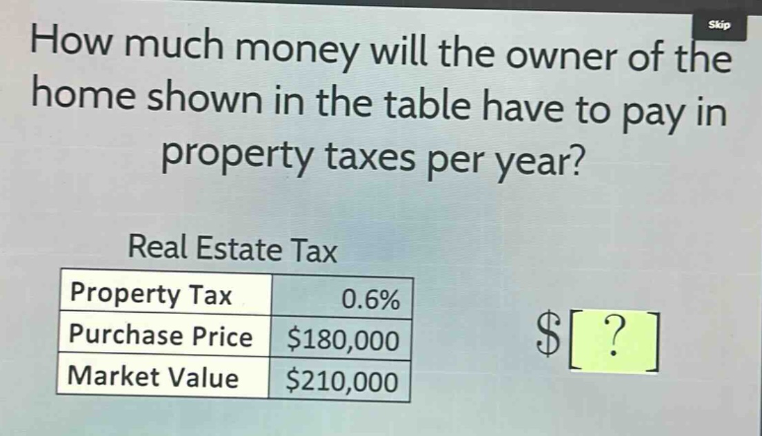 how much money will the owner of the home shown in the table have to pay in property taxes per year? real estate tax property tax 0.6% purchase price $180,000 market value $210,000