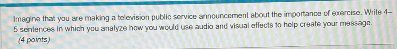 imagine that you are making a television public service announcement about the importance of exercise. write 4 - 5 sentences in which you analyze how you would use audio and visual effects to help create your message. (4 points)