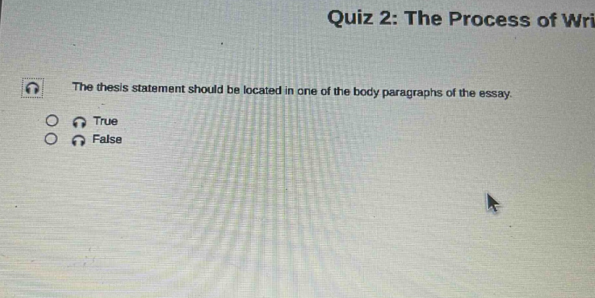 quiz 2: the process of wri the thesis statement should be located in one of the body paragraphs of the essay. true false