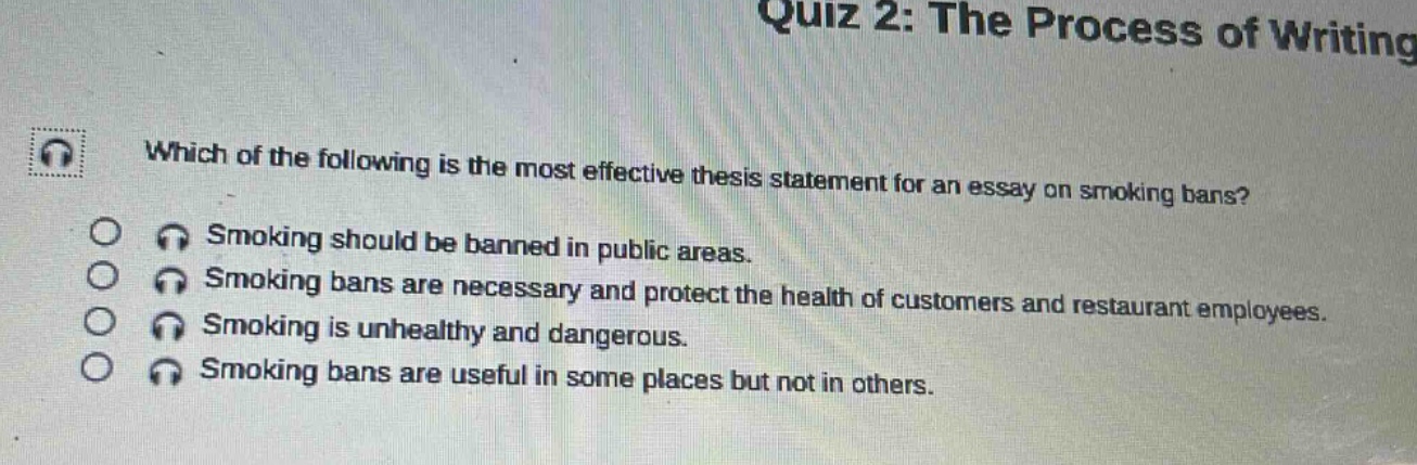 quiz 2: the process of writing\nwhich of the following is the most effective thesis statement for an essay on smoking bans?\nsmoking should be banned in public areas.\nsmoking bans are necessary and protect the health of customers and restaurant employees.\nsmoking is unhealthy and dangerous.\nsmoking bans are useful in some places but not in others.