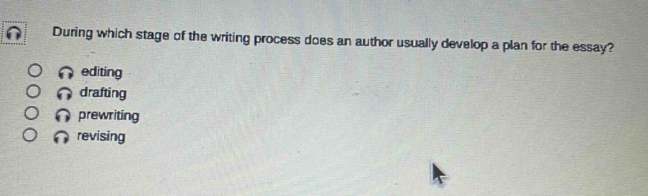 during which stage of the writing process does an author usually develop a plan for the essay? editing drafting prewriting revising