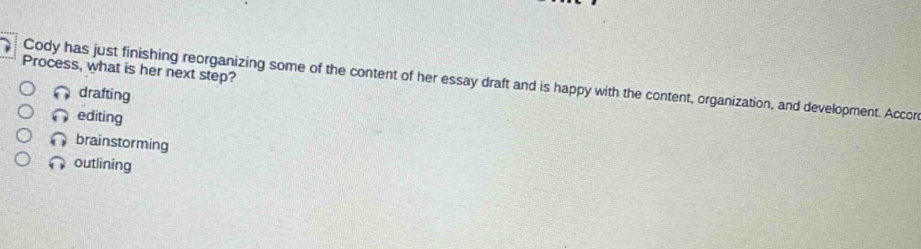 cody has just finishing reorganizing some of the content of her essay draft and is happy with the content, organization, and development. according to the writing process, what is her next step? drafting editing brainstorming outlining