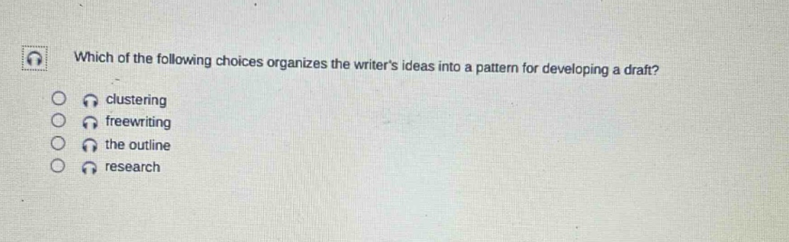 which of the following choices organizes the writers ideas into a pattern for developing a draft? clustering freewriting the outline research