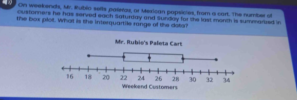 on weekends, mr. rubio sells paletas, or mexican popsicles, from a cart. the number of customers he has served each saturday and sunday for the last month is summarized in the box plot. what is the interquartile range of the data? mr. rubio’s paleta cart weekend customers