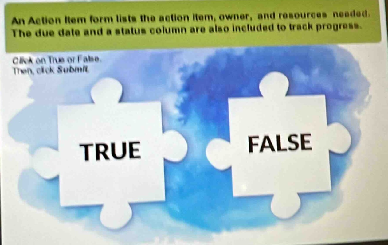 an action item form lists the action item, owner, and resources needed. the due date and a status column are also included to track progress. click on true or false. then, click submit.
