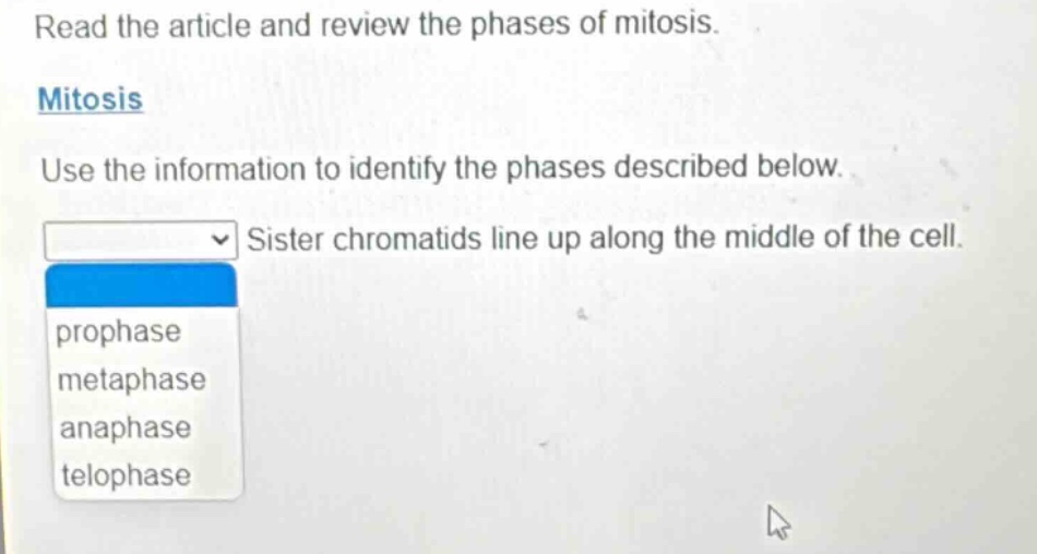 read the article and review the phases of mitosis. mitosis use the information to identify the phases described below. sister chromatids line up along the middle of the cell. prophase metaphase anaphase telophase