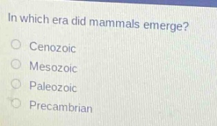 in which era did mammals emerge?\ncenozoic\nmesozoic\npaleozoic\nprecambrian