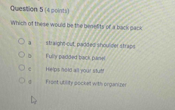 question 5 (4 points) which of these would be the benefits of a back pack a straight - cut, padded shoulder straps b fully padded back panel c helps hold all your stuff d front utility pocket with organizer