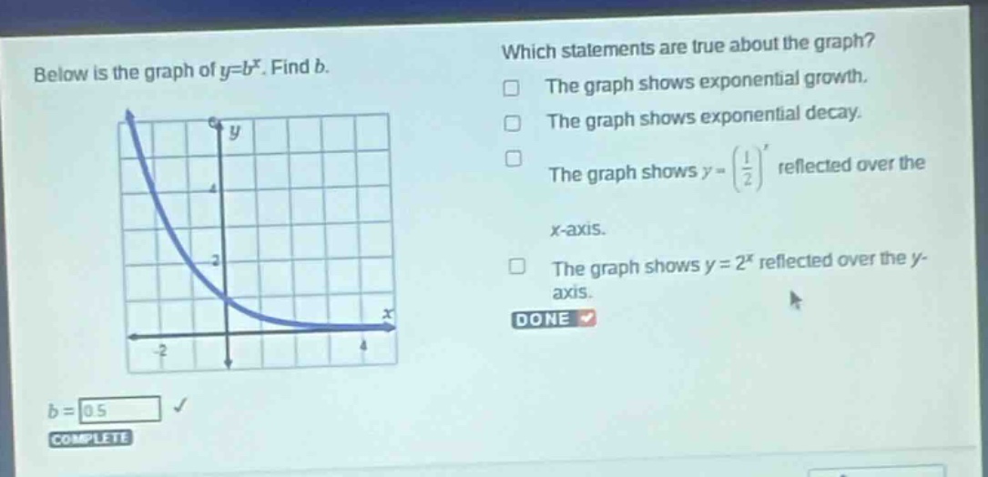 below is the graph of y = b^x. find b. which statements are true about the graph? the graph shows exponential growth. the graph shows exponential decay. the graph shows y=(1/2)^x reflected over the x - axis. the graph shows y = 2^x reflected over the y - axis. done b = 0.5 complete