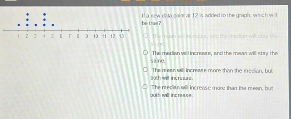 if a new data point at 12 is added to the graph, which will be true? the mean will increase, and the median will stay the same. the median will increase, and the mean will stay the same. the mean will increase more than the median, but both will increase. the median will increase more than the mean, but both will increase.