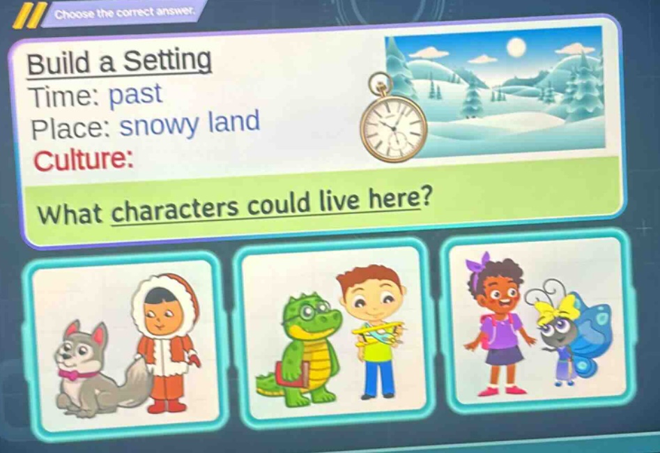build a setting\ntime: past\nplace: snowy land\nculture:\nwhat characters could live here?