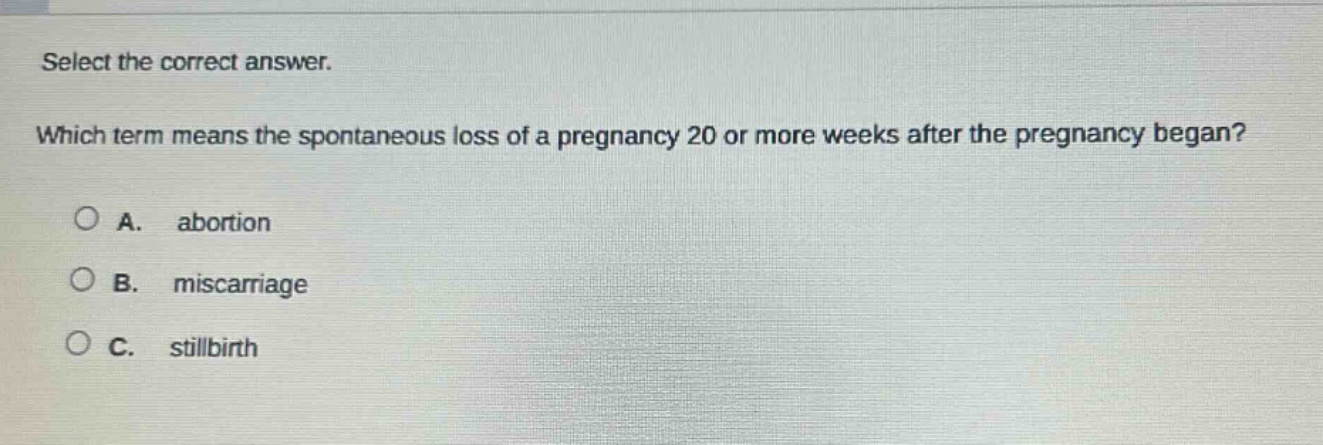 select the correct answer. which term means the spontaneous loss of a pregnancy 20 or more weeks after the pregnancy began? a. abortion b. miscarriage c. stillbirth