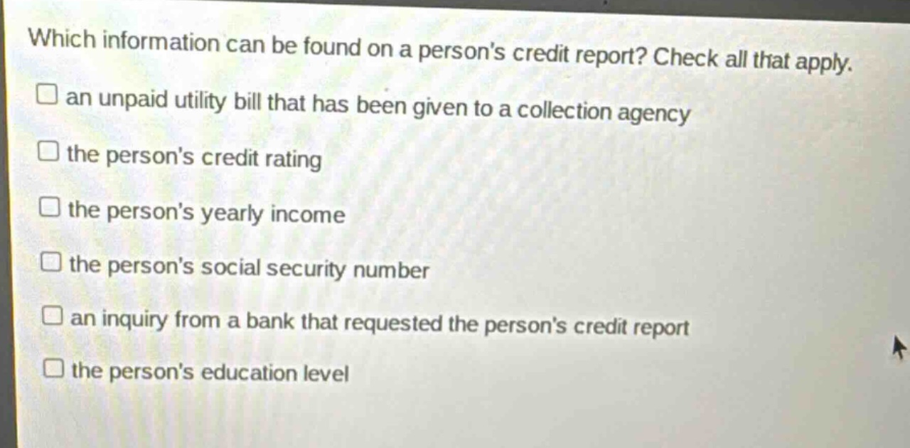 which information can be found on a persons credit report? check all that apply. an unpaid utility bill that has been given to a collection agency the persons credit rating the persons yearly income the persons social security number an inquiry from a bank that requested the persons credit report the persons education level