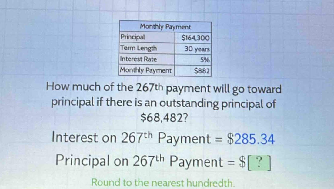monthly payment\nprincipal $164,300\nterm length 30 years\ninterest rate 5%\nmonthly payment $882\nhow much of the 267th payment will go toward principal if there is an outstanding principal of $68,482?\ninterest on 267th payment = $285.34\nprincipal on 267th payment = $?\nround to the nearest hundredth.