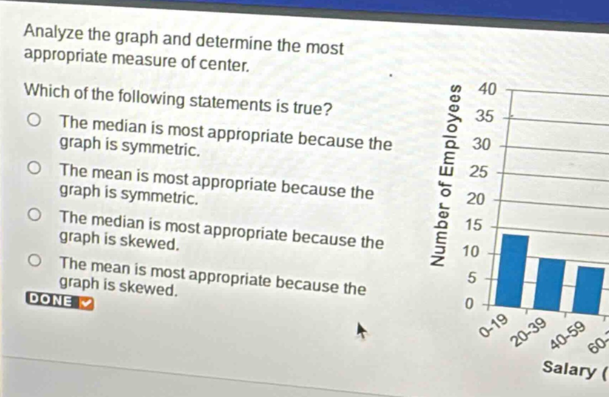 analyze the graph and determine the most appropriate measure of center. which of the following statements is true? the median is most appropriate because the graph is symmetric. the mean is most appropriate because the graph is symmetric. the median is most appropriate because the graph is skewed. the mean is most appropriate because the graph is skewed. done