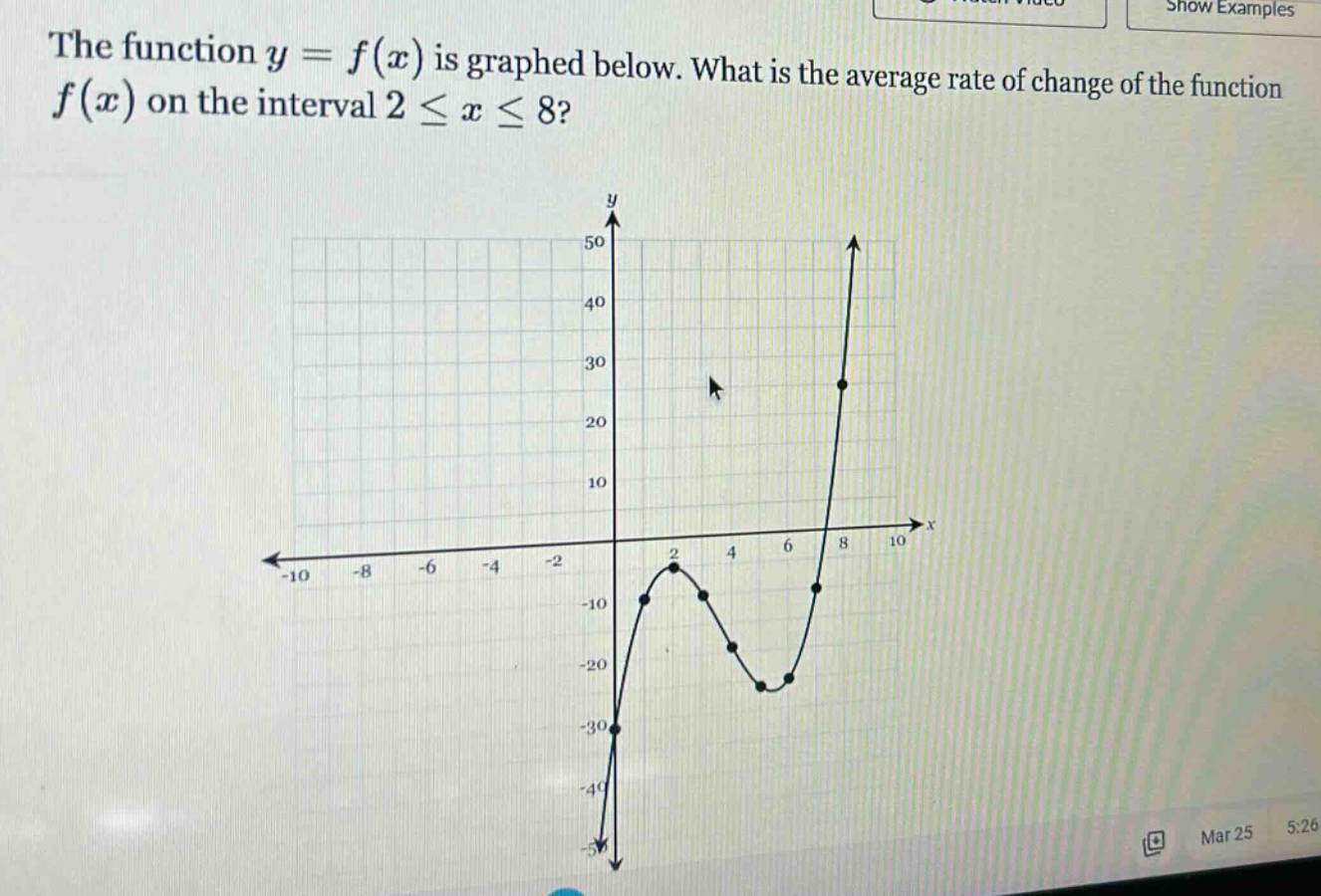the function y = f(x) is graphed below. what is the average rate of change of the function f(x) on the interval 2 ≤ x ≤ 8?