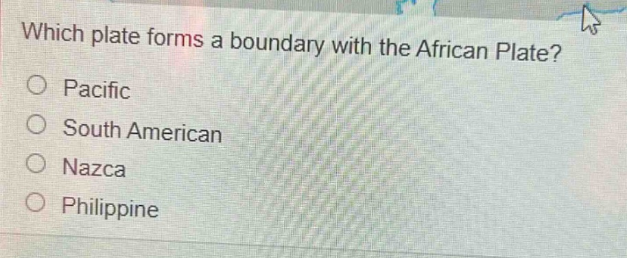 which plate forms a boundary with the african plate?\npacific\nsouth american\nnazca\nphilippine