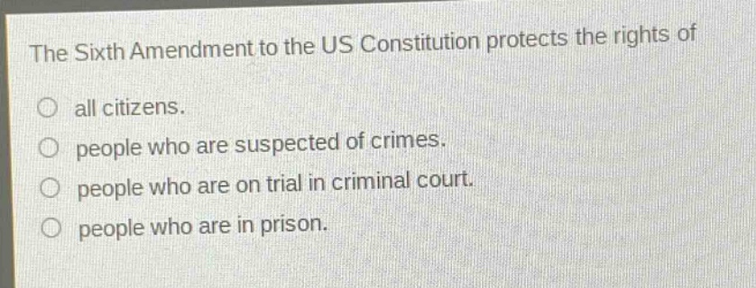 the sixth amendment to the us constitution protects the rights of all citizens. people who are suspected of crimes. people who are on trial in criminal court. people who are in prison.