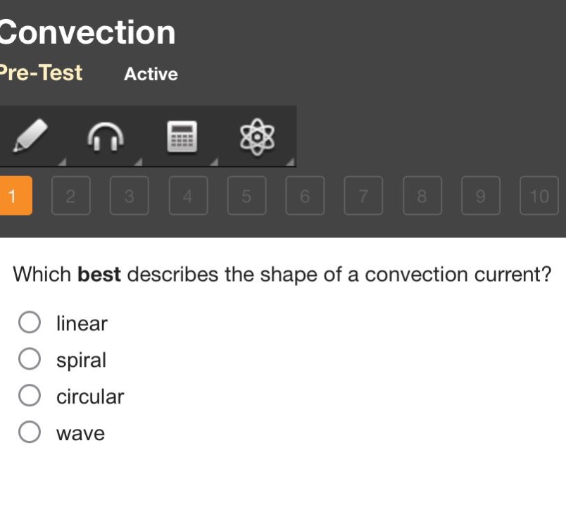 which best describes the shape of a convection current? linear spiral circular wave