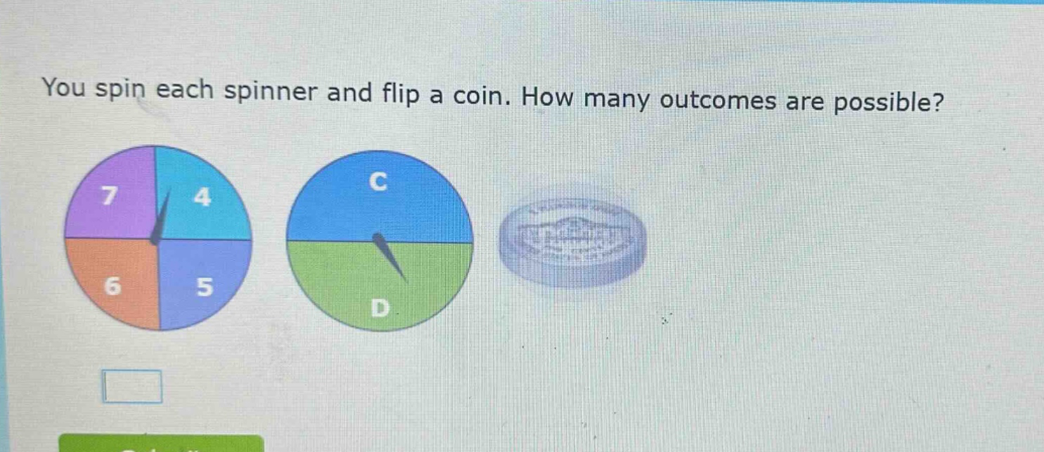 you spin each spinner and flip a coin. how many outcomes are possible?