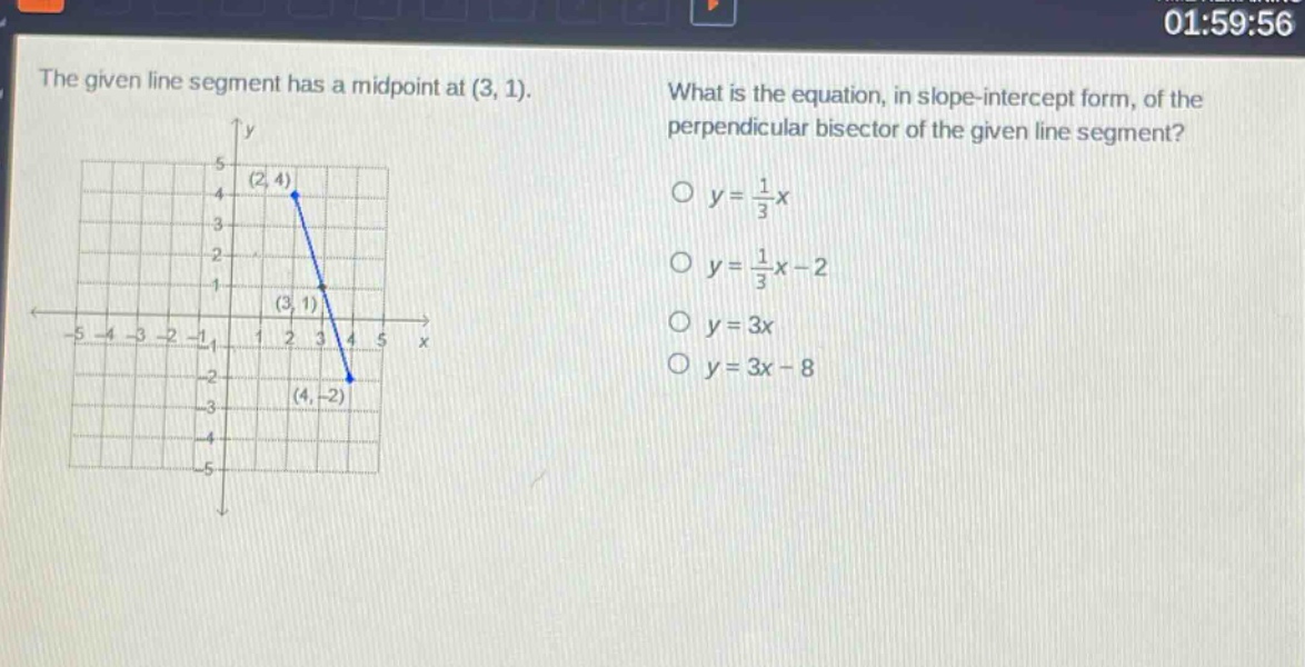 the given line segment has a midpoint at (3, 1). what is the equation, in slope - intercept form, of the perpendicular bisector of the given line segment? o y = 1/3x o y = 1/3x - 2 o y = 3x o y = 3x - 8