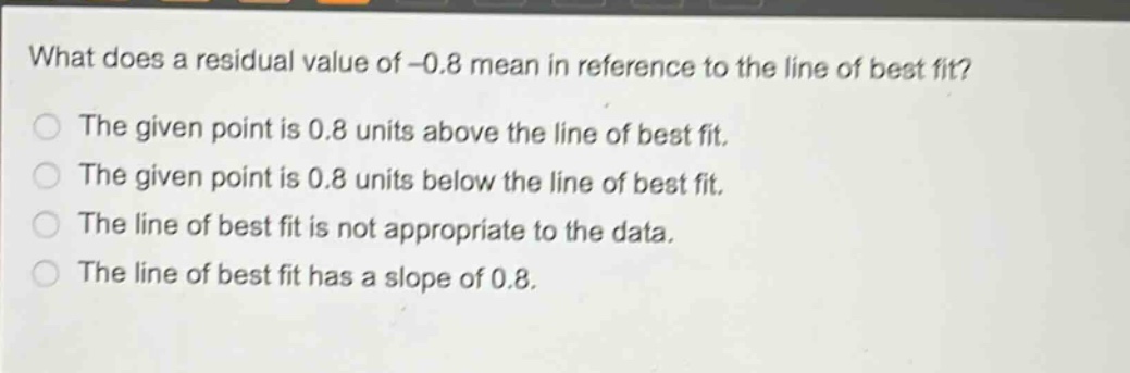 what does a residual value of -0.8 mean in reference to the line of best fit? the given point is 0.8 units above the line of best fit. the given point is 0.8 units below the line of best fit. the line of best fit is not appropriate to the data. the line of best fit has a slope of 0.8.