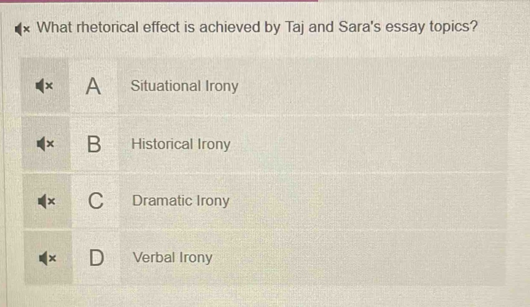 what rhetorical effect is achieved by taj and saras essay topics? a situational irony b historical irony c dramatic irony d verbal irony