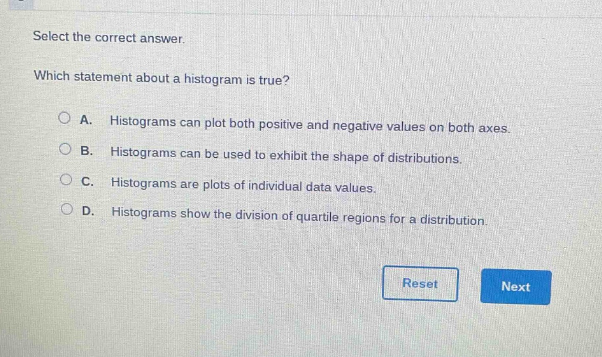 select the correct answer. which statement about a histogram is true? a. histograms can plot both positive and negative values on both axes. b. histograms can be used to exhibit the shape of distributions. c. histograms are plots of individual data values. d. histograms show the division of quartile regions for a distribution.