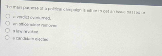 the main purpose of a political campaign is either to get an issue passed or a verdict overturned. an officeholder removed. a law revoked. a candidate elected.