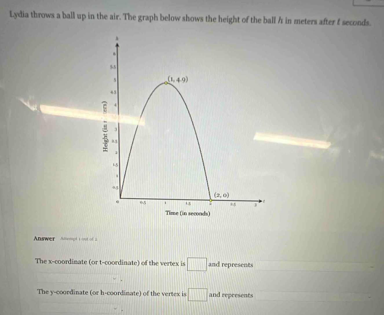 lydia throws a ball up in the air. the graph below shows the height of the ball h in meters after t seconds. answer attempt 1 out of 2 the x - coordinate (or t - coordinate) of the vertex is and represents the y - coordinate (or h - coordinate) of the vertex is and represents