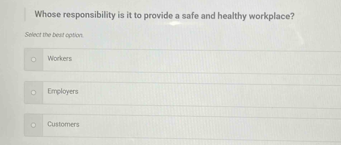 whose responsibility is it to provide a safe and healthy workplace? select the best option. workers employers customers